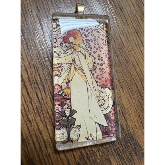 The Lady of the Camelias by Mucha Gallery Pendant Rectangle For Necklace - Picture 3 of 5